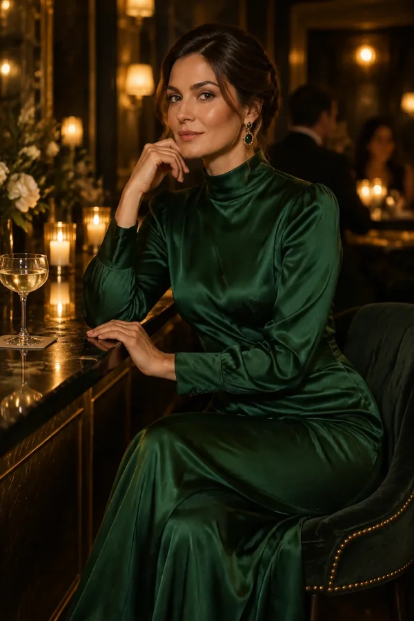 Emerald dress at a candlelit bar, generated by GPT Image 2.5 Sunburst